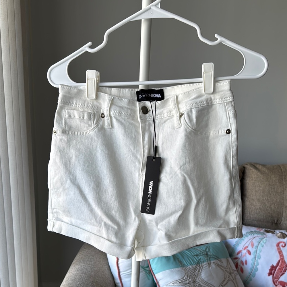 No Muffin Top Fashion Nova White High Waist Denim Shorts with Distressed Look